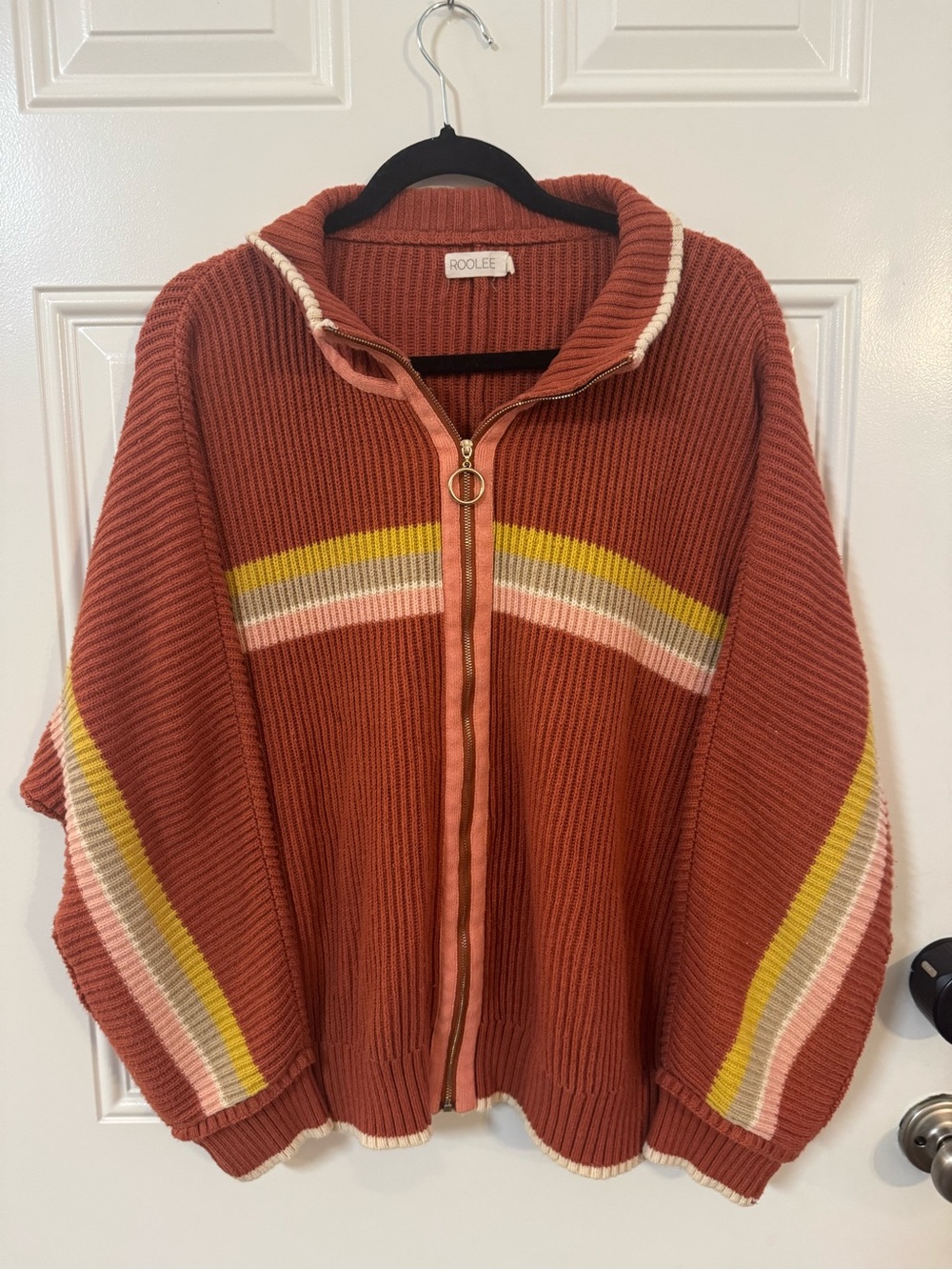 Roolee 70s inspired Rust Zip Cardigan with Yellow and Pink Stripe Accents